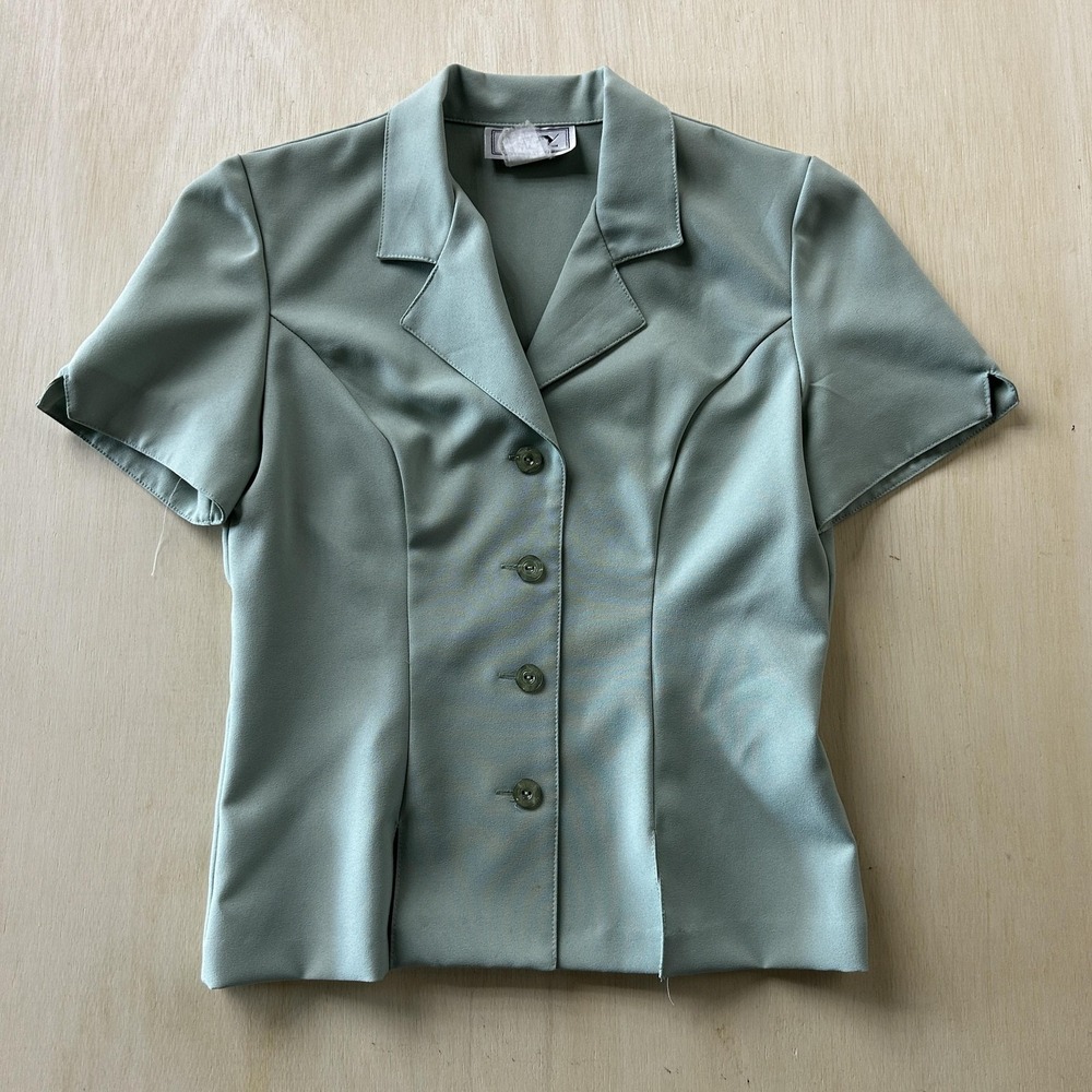 Vintage DBY Blouse Womens 5/6 Green Short Sleeve Collared Button Slim Woven Top
